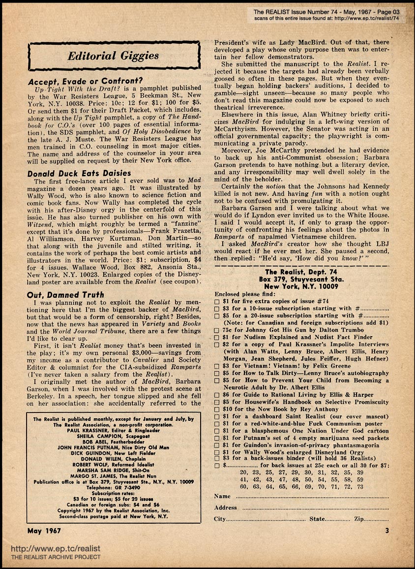 EDITORIAL GIGGIES (The Realist No. 74, May 1967)